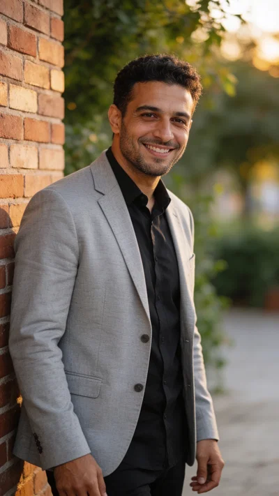 Middle Eastern man outdoors in blazer for warm, approachable LinkedIn photo