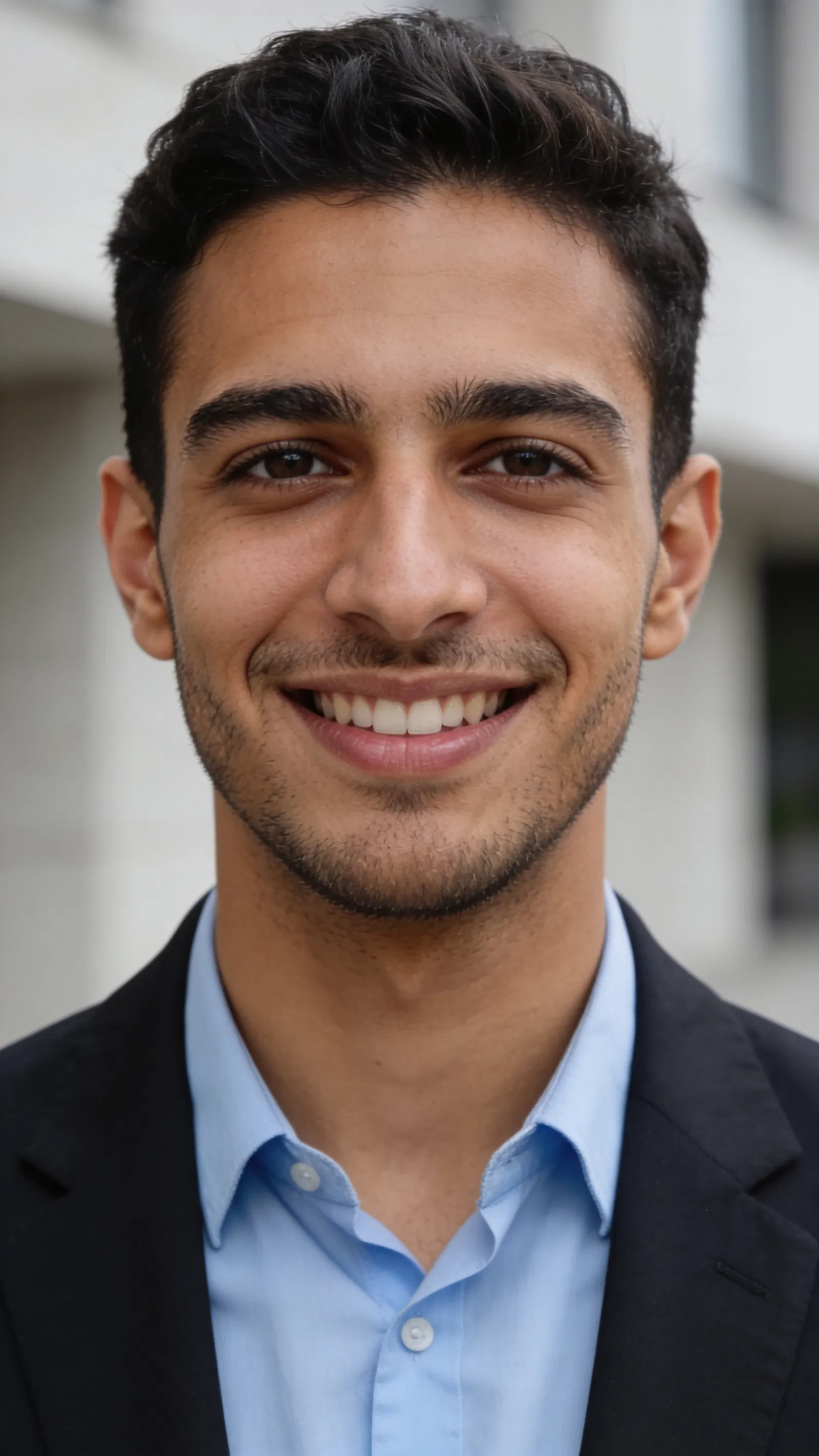 Middle Eastern man outdoors with clean background for natural LinkedIn headshot