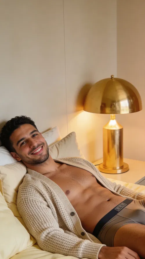 Middle Eastern man reclining on bed in warm lamp-lit dudeoir portrait