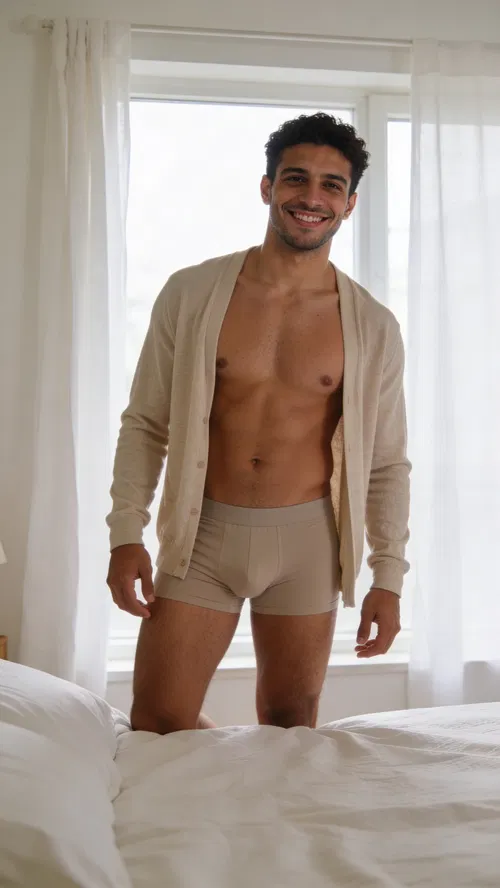 Middle Eastern man standing in bedroom for tasteful male boudoir photo at home, soft window light