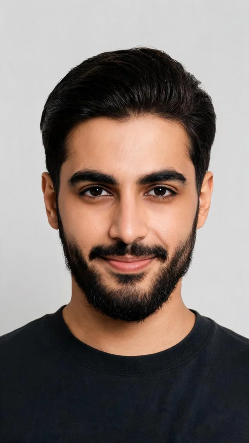 Middle Eastern man studio headshot with groomed beard, friendly confident looksmaxxing portrait