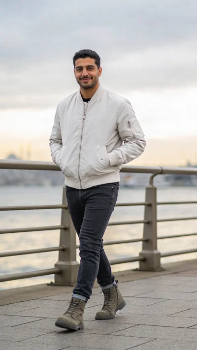 Middle Eastern man walking by waterfront, confident full-body dating profile photo.