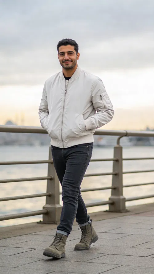 Middle Eastern man walking by waterfront, confident full-body dating profile photo.
