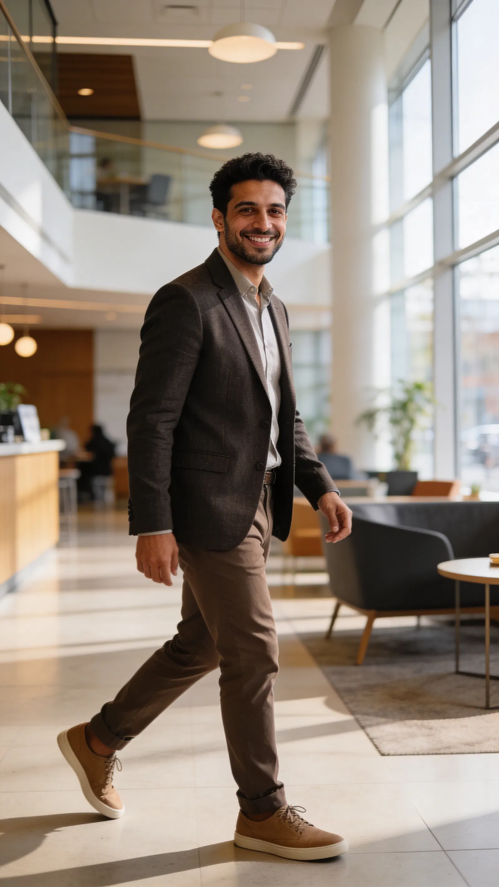 Middle Eastern man walking in coworking lobby for Instagram photos