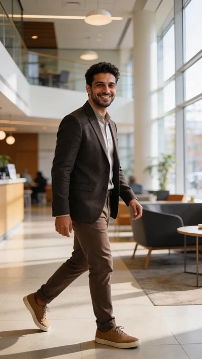 Middle Eastern man walking in coworking lobby for Instagram photos