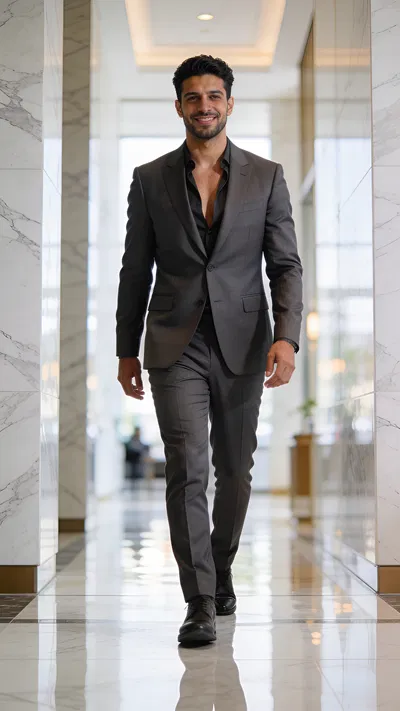 Middle Eastern man walking in lobby full-body personal branding photo