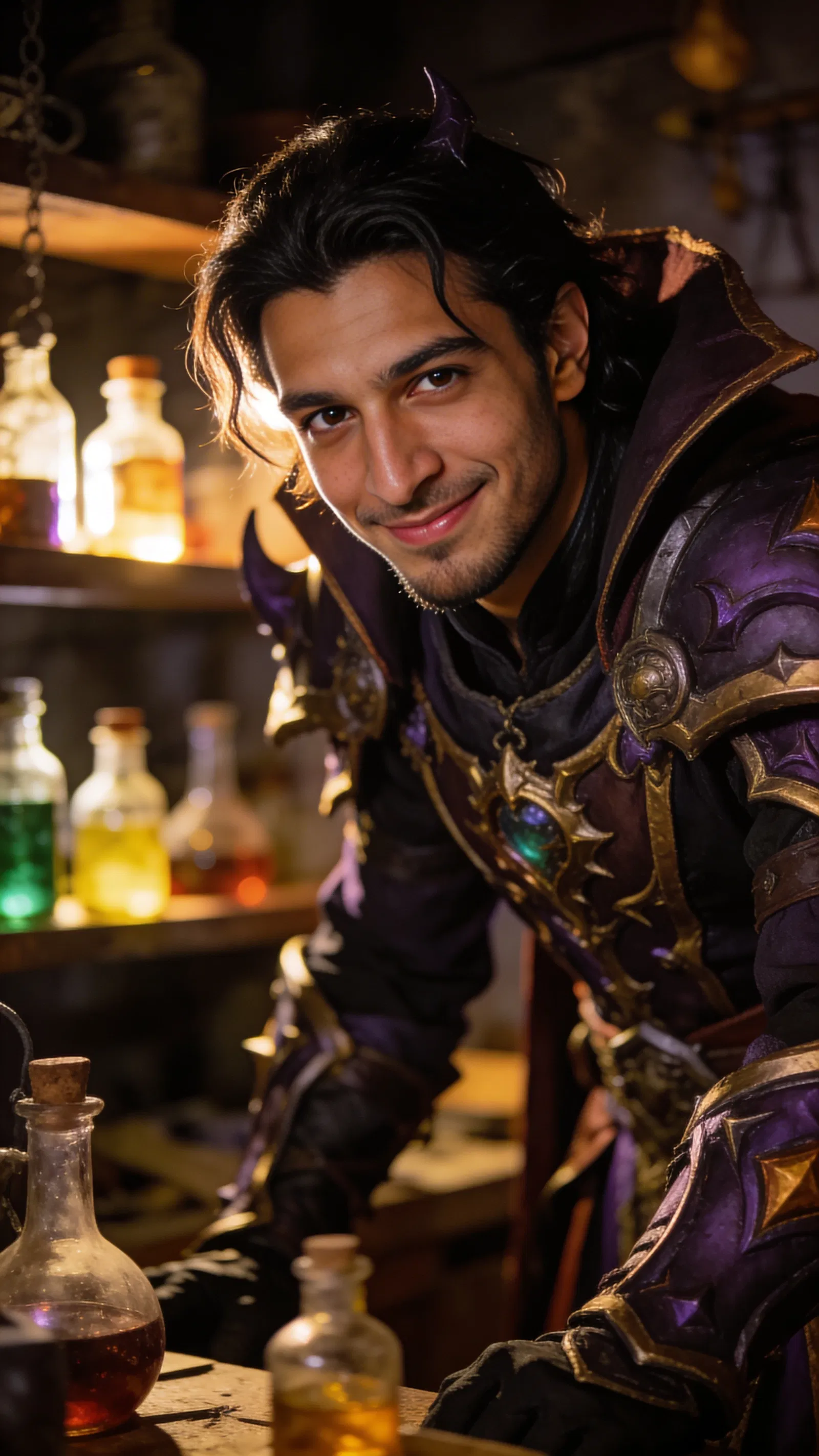Middle Eastern man warlock cosplay in potion workshop, half-body portrait.