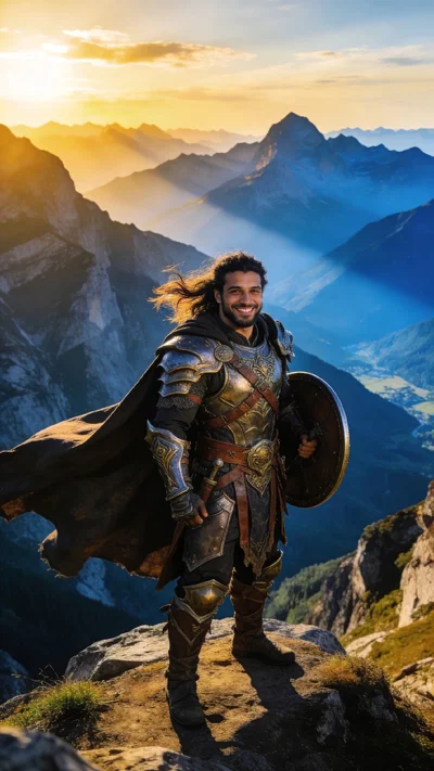 Middle Eastern man warrior armor cosplay on mountain at sunrise.