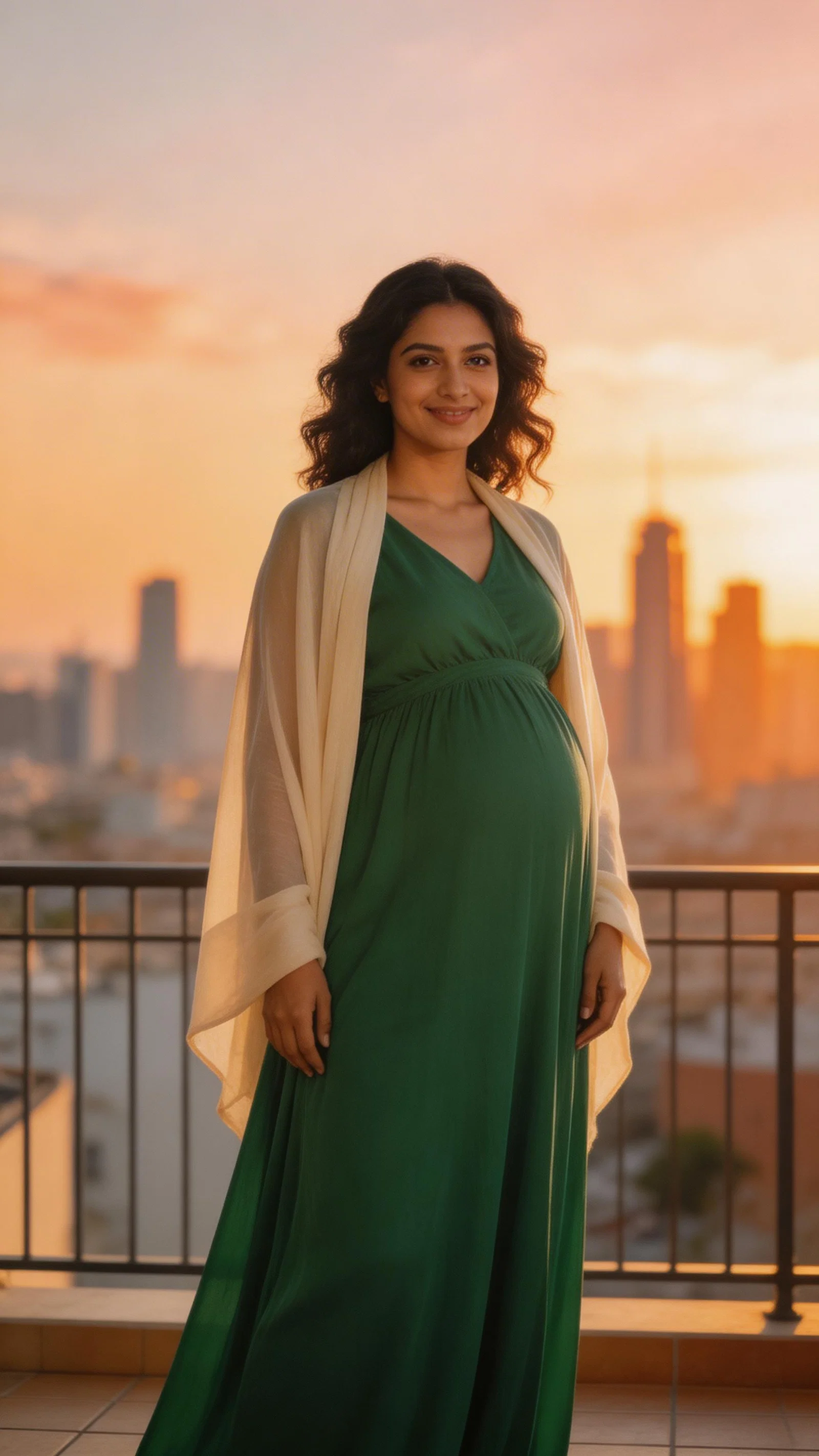 Middle Eastern pregnant woman on a balcony in a flowing maternity dress