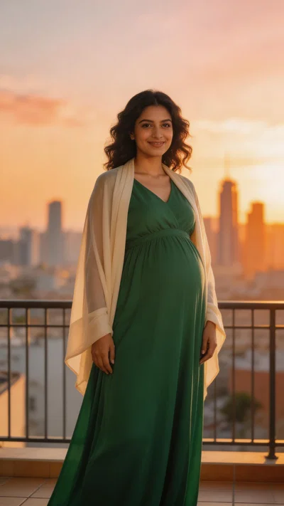 Middle Eastern pregnant woman on a balcony in a flowing maternity dress