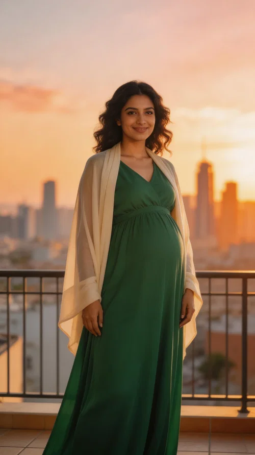 Middle Eastern pregnant woman on a balcony in a flowing maternity dress