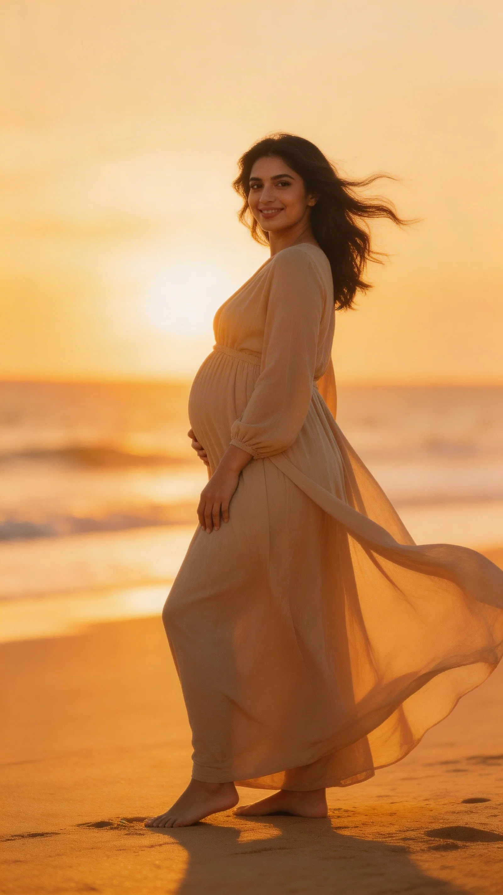 Middle Eastern pregnant woman on a beach at golden hour in a flowing dress