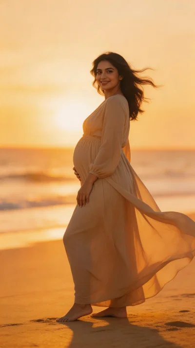 Middle Eastern pregnant woman on a beach at golden hour in a flowing dress