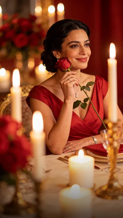 Middle Eastern woman at candlelit table holding rose, elegant red dress.