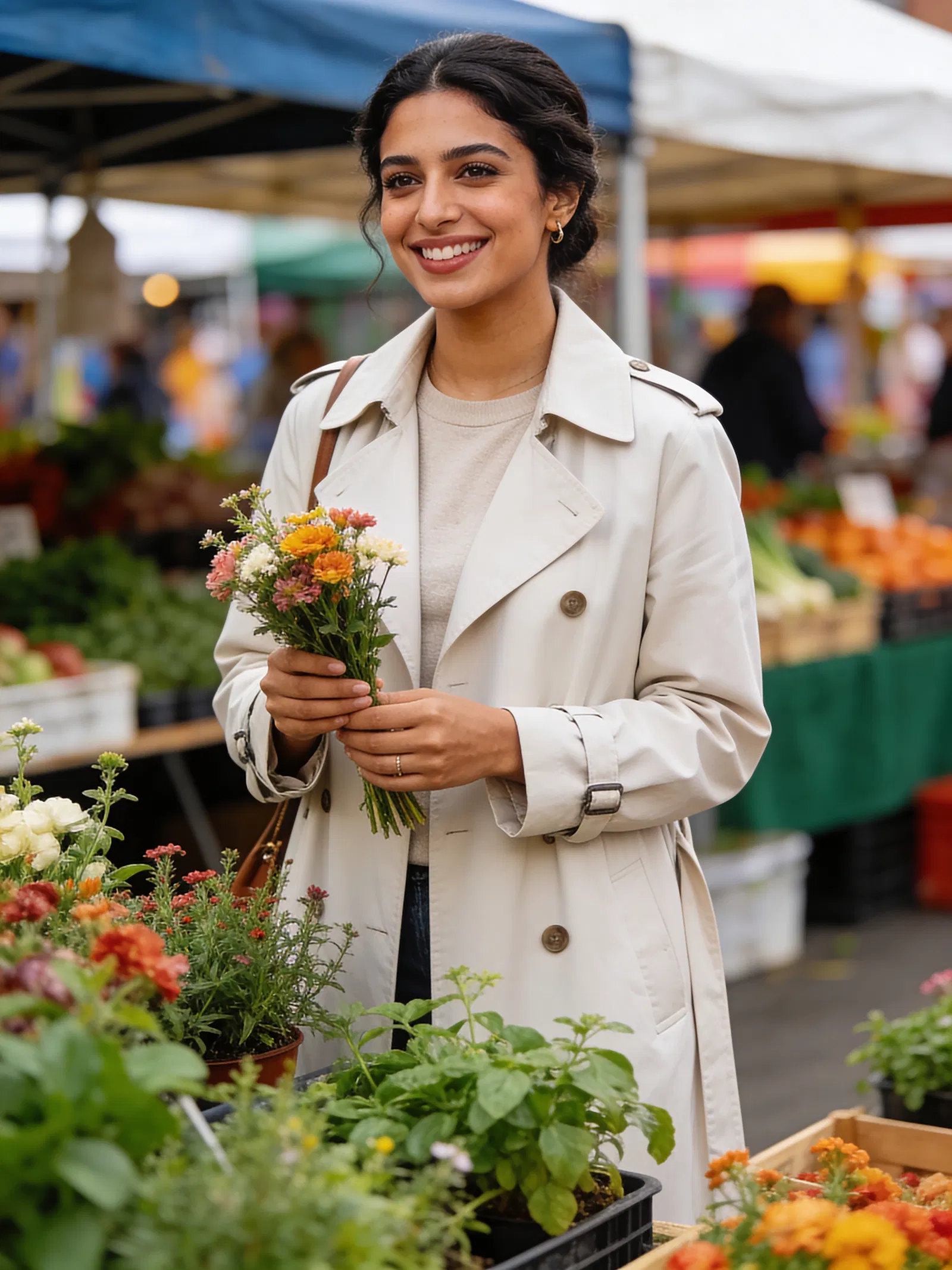 Middle Eastern woman at farmers market holding bouquet, approachable dating profile photo.