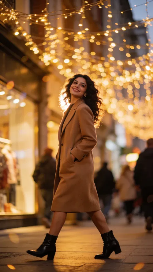 Middle Eastern woman downtown under string lights, confident full-body dating app photo.