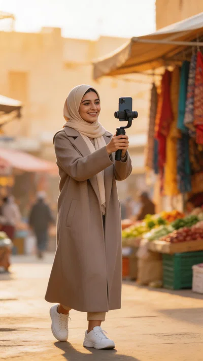 Middle Eastern woman filming day-in-my-life at outdoor market with gimbal