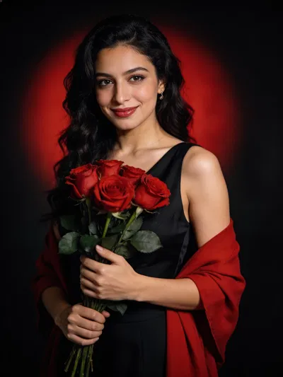 Middle Eastern woman holding red roses in a dramatic studio portrait.