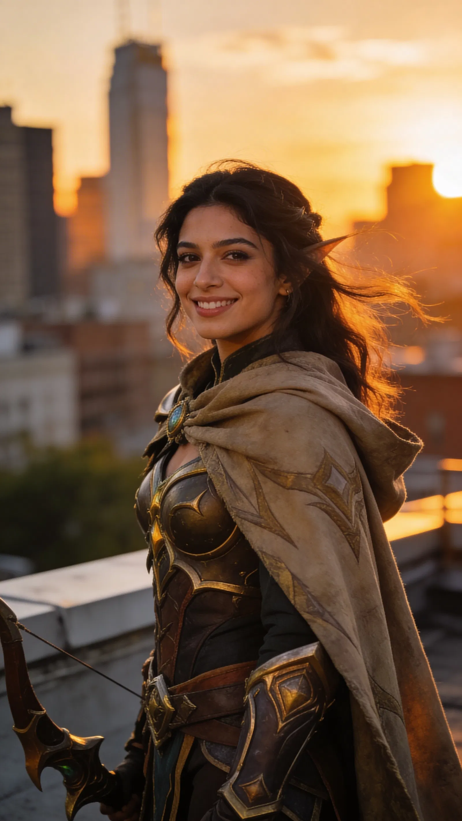 Middle Eastern woman hunter cosplay on rooftop at sunset, 3/4 shot.