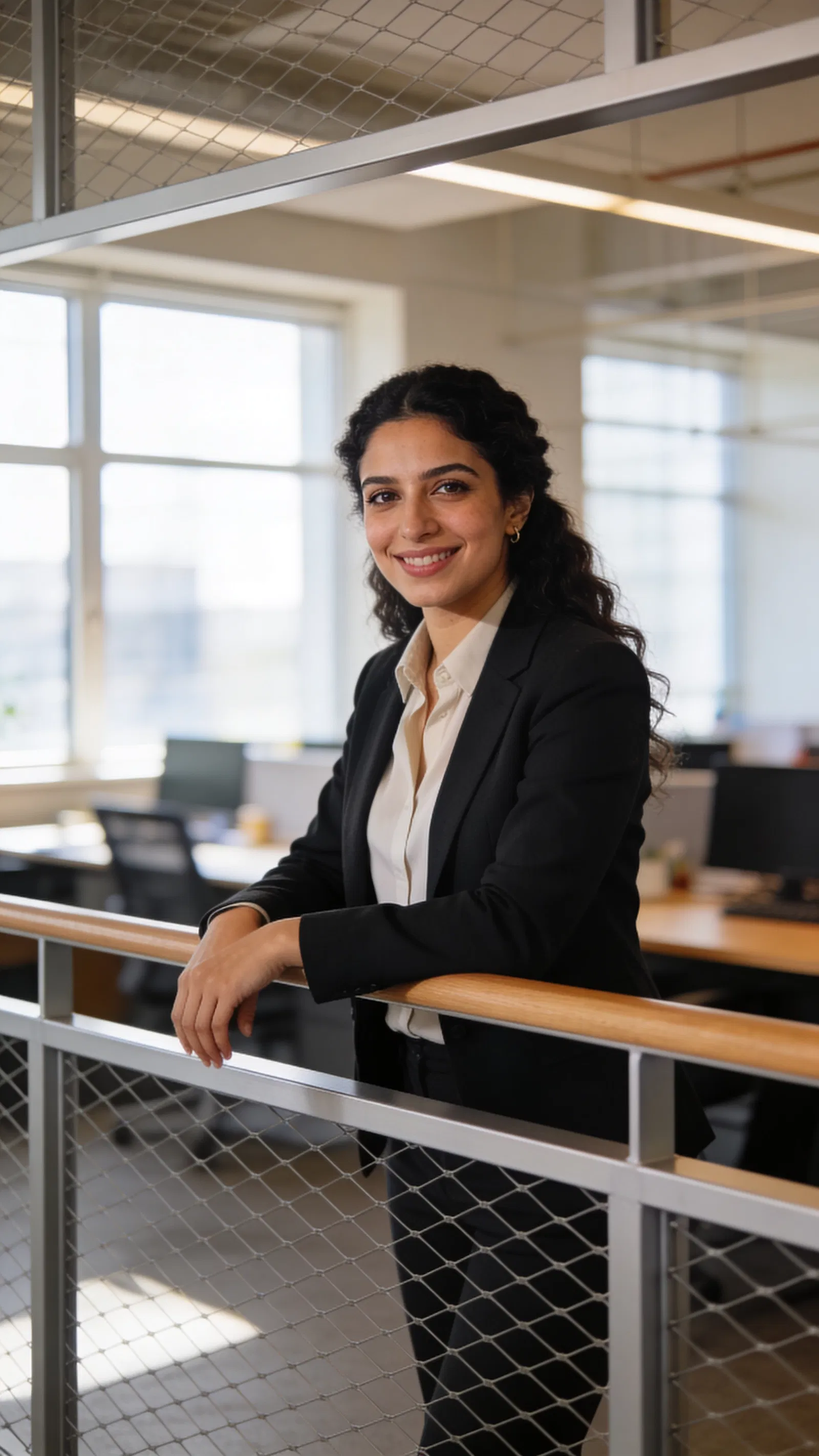 Middle Eastern woman in coworking space leaning on railing, professional portrait
