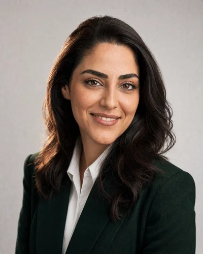 Middle Eastern woman in dark green blazer on lightly textured gray paper background.