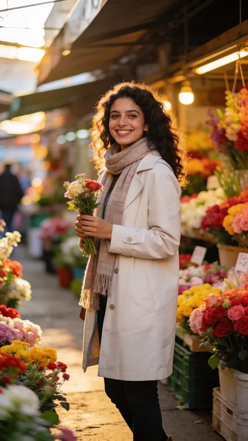 Middle Eastern woman in flower market for joyful Instagram photoshoot ideas