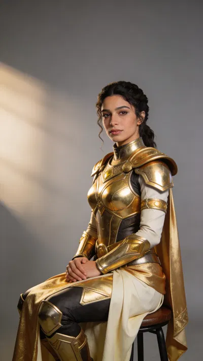 Middle Eastern woman in gold-accent warrior cosplay, editorial studio portrait