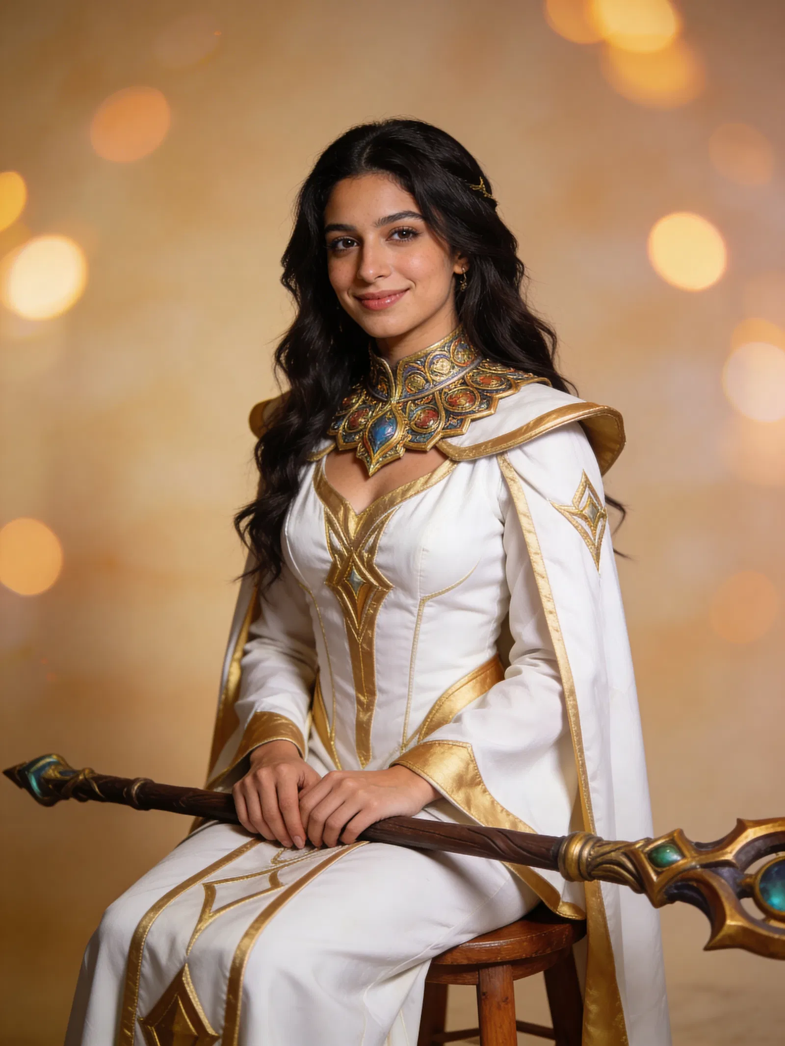 Middle Eastern woman in healer robe cosplay, warm studio half-body.