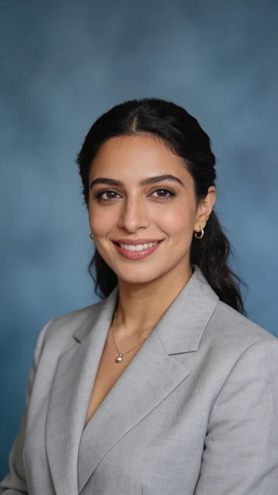 Middle Eastern woman in light gray blazer on blue-gray studio background headshot