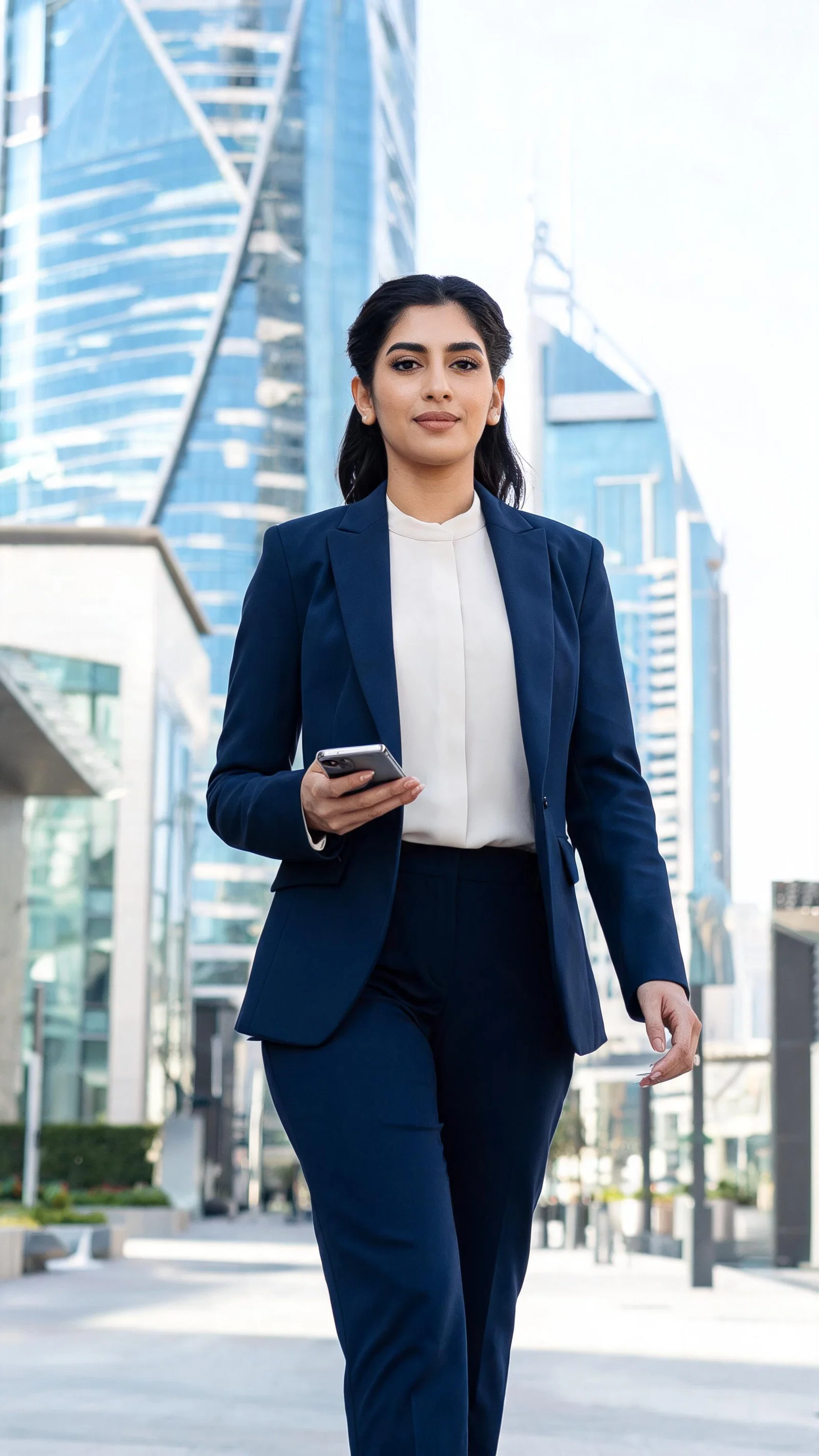 Middle Eastern woman in pantsuit walking near DIFC architecture, professional influencer vibe