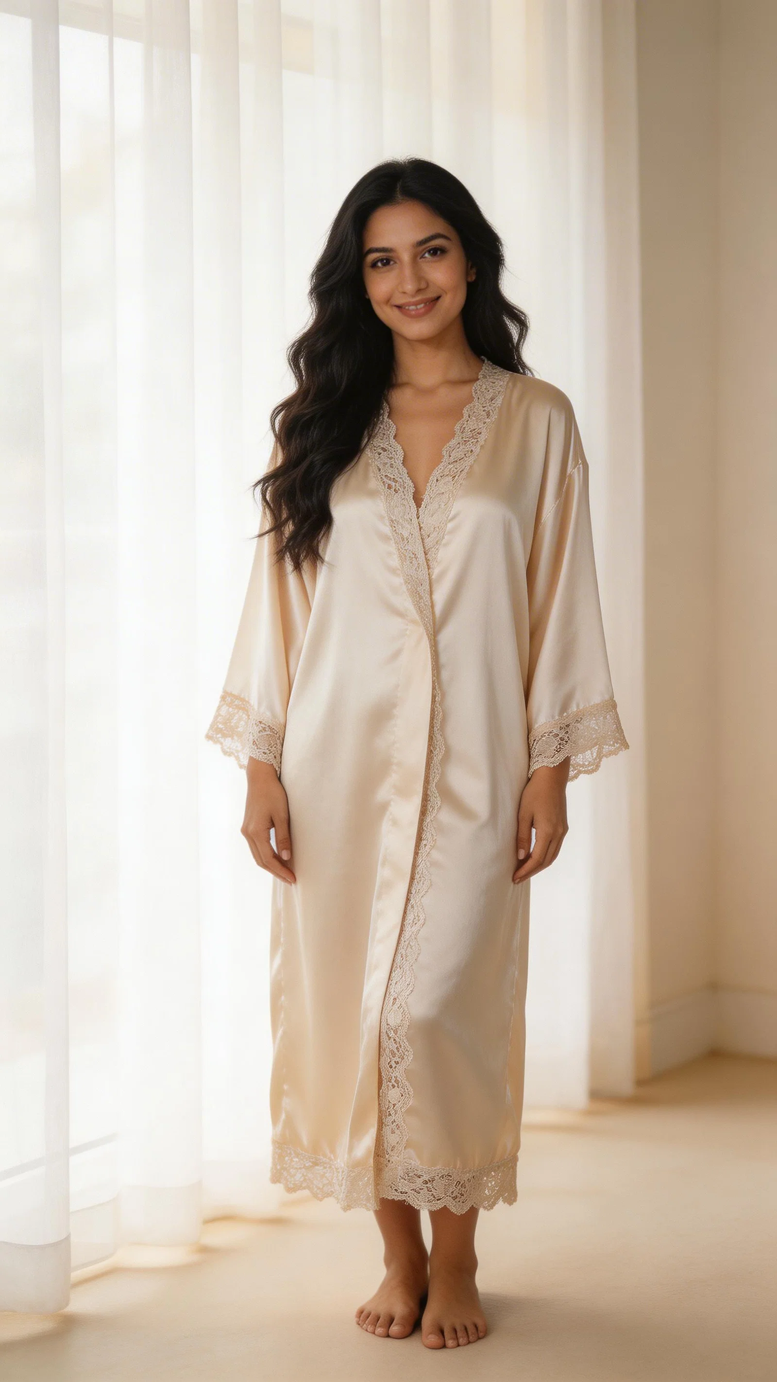Middle Eastern woman in satin robe by sheer curtains, full-body boudoir portrait