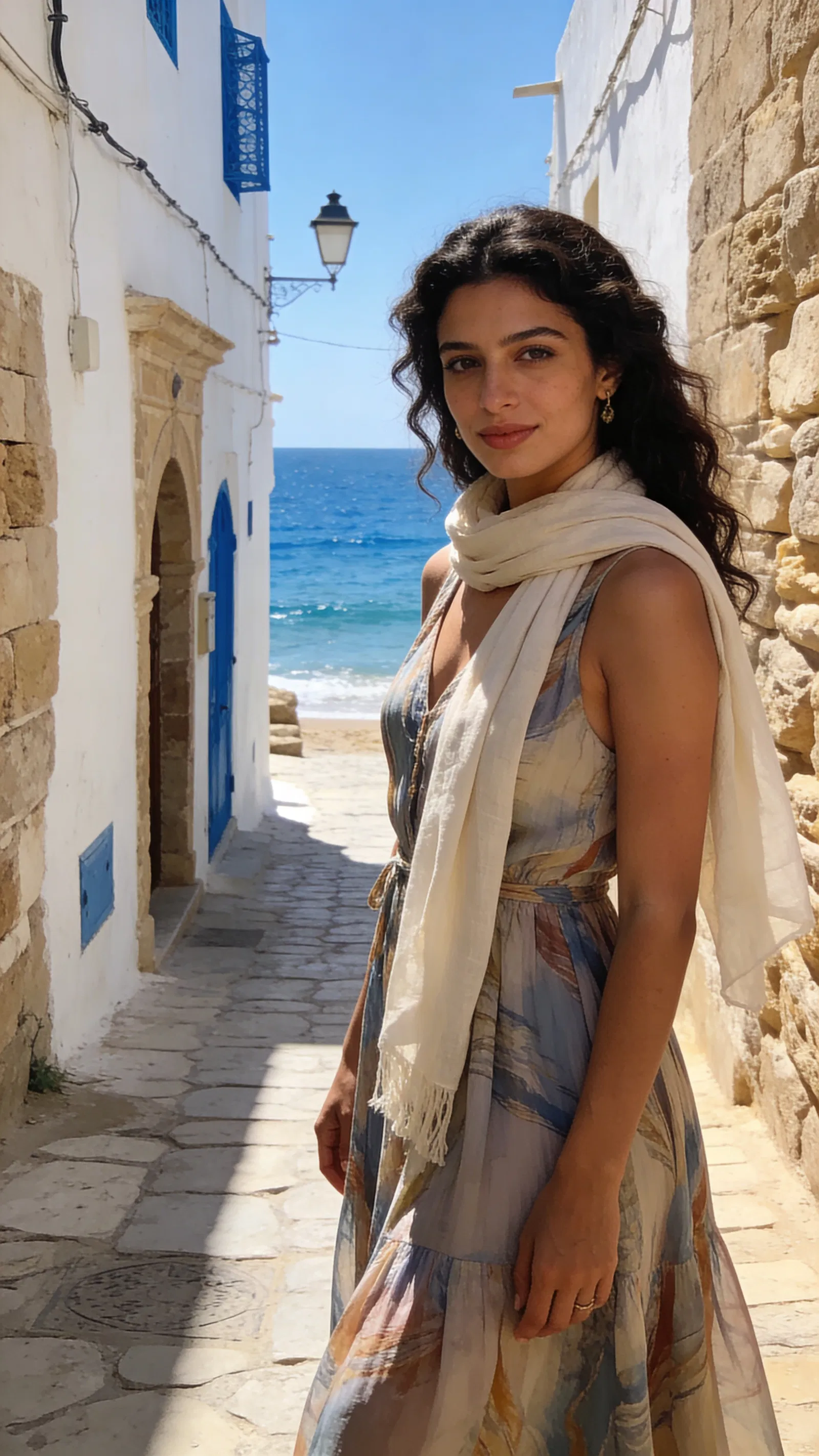 Middle Eastern woman in seaside medina alley, editorial travel portrait.