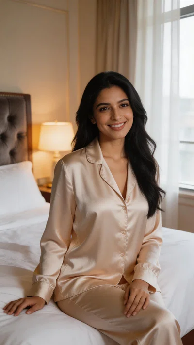 Middle Eastern woman in silky pajama set, hotel room 3/4 portrait