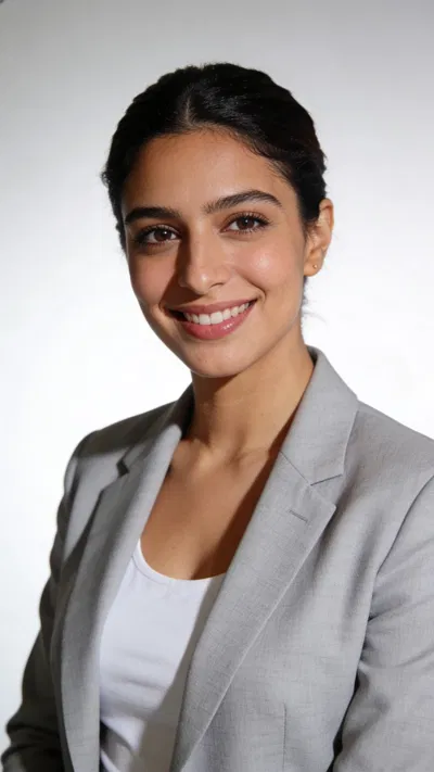 Middle Eastern woman in studio blazer portrait with clean off-white background