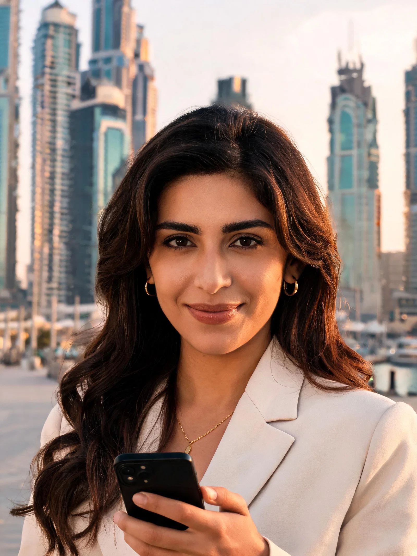 Middle Eastern woman influencer portrait at Dubai Marina during golden hour