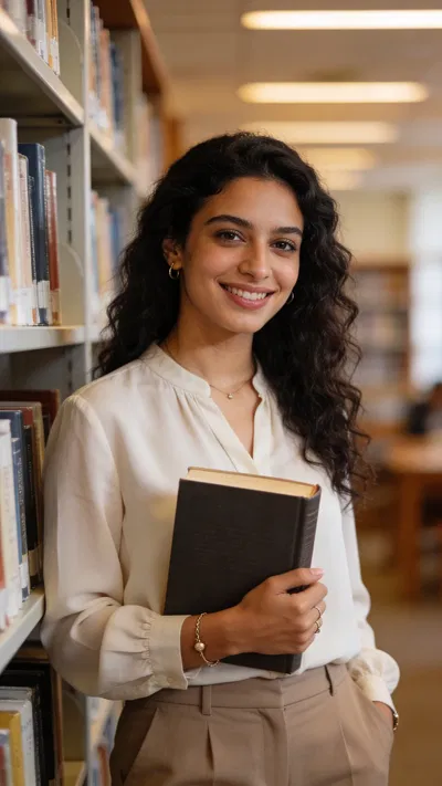 Middle Eastern woman library portrait holding a book with warm indoor lighting