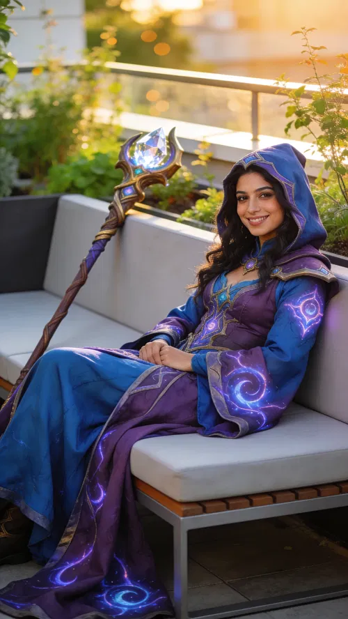 Middle Eastern woman mage cosplay seated in rooftop garden, half-body portrait.