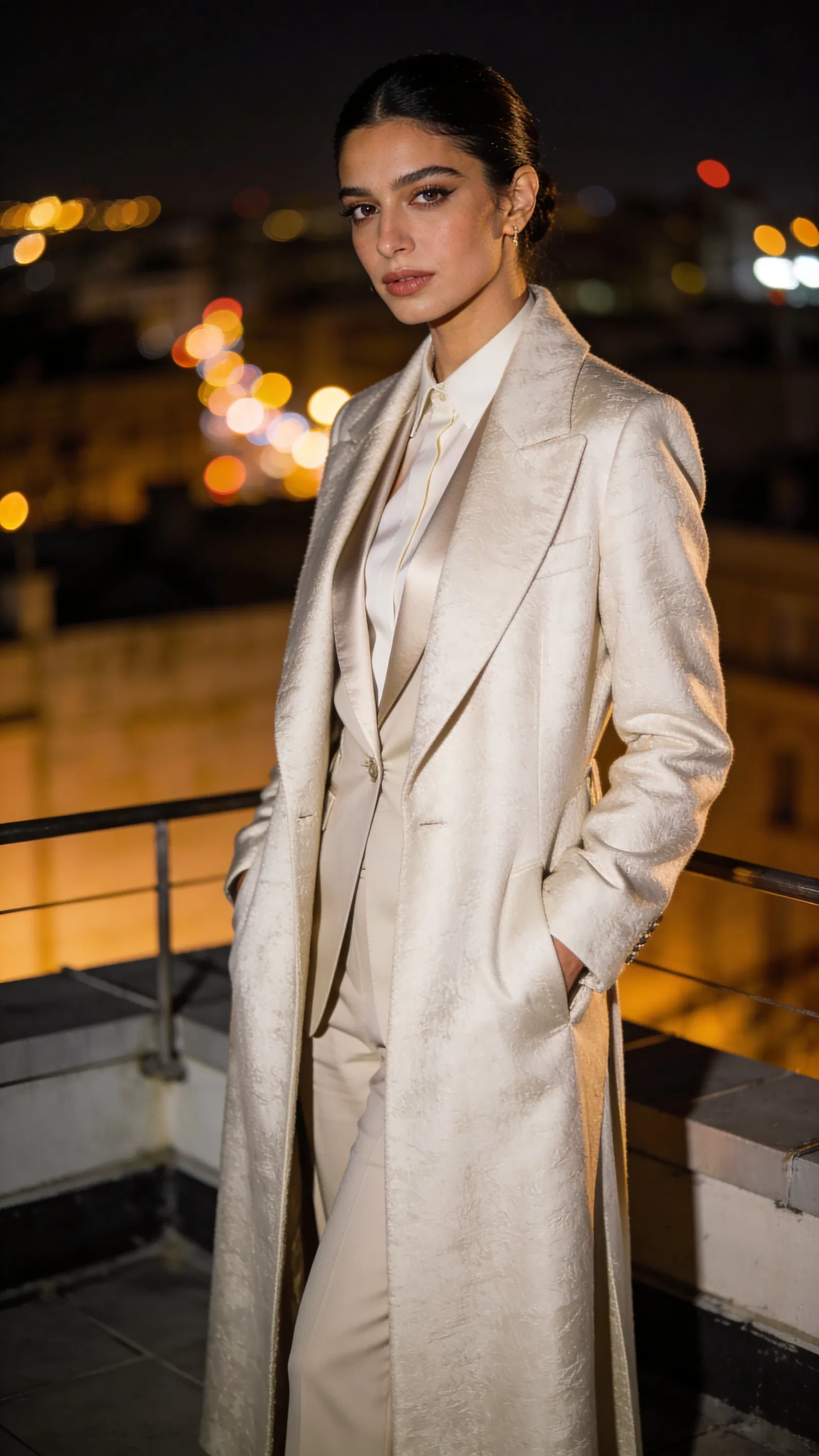 Middle Eastern woman on rooftop at night with warm bokeh editorial glamour lighting