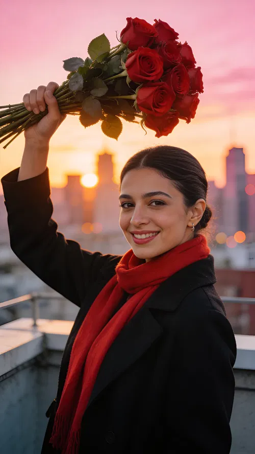 Middle Eastern woman on rooftop at sunset holding red roses, city bokeh.