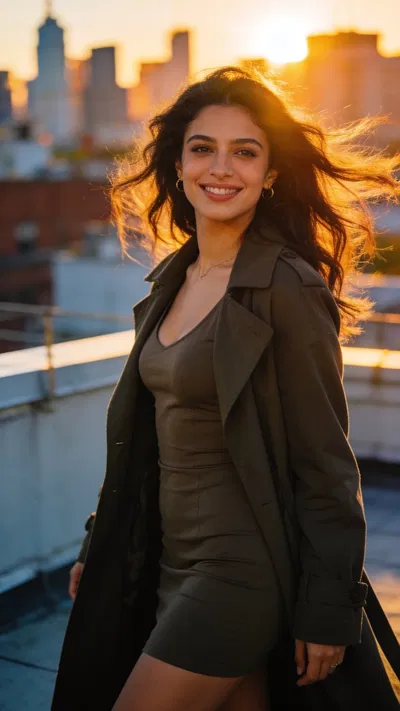 Middle Eastern woman on rooftop with sunset rim light editorial portrait