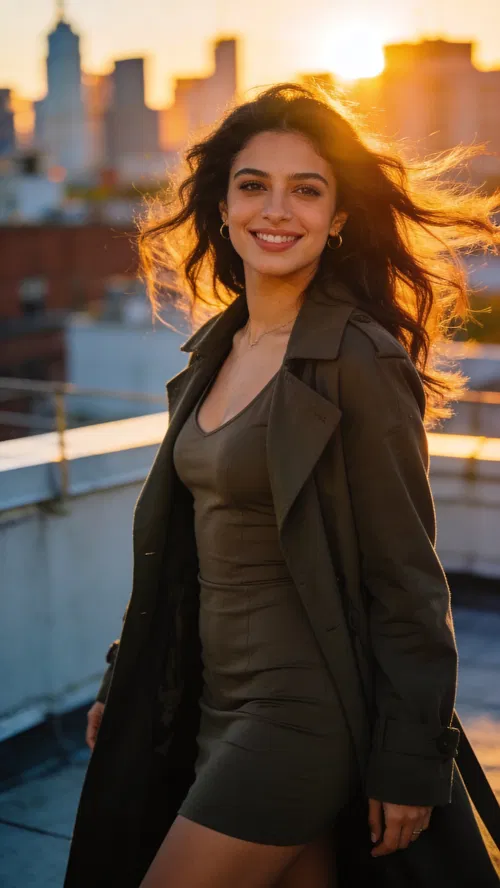 Middle Eastern woman on rooftop with sunset rim light editorial portrait
