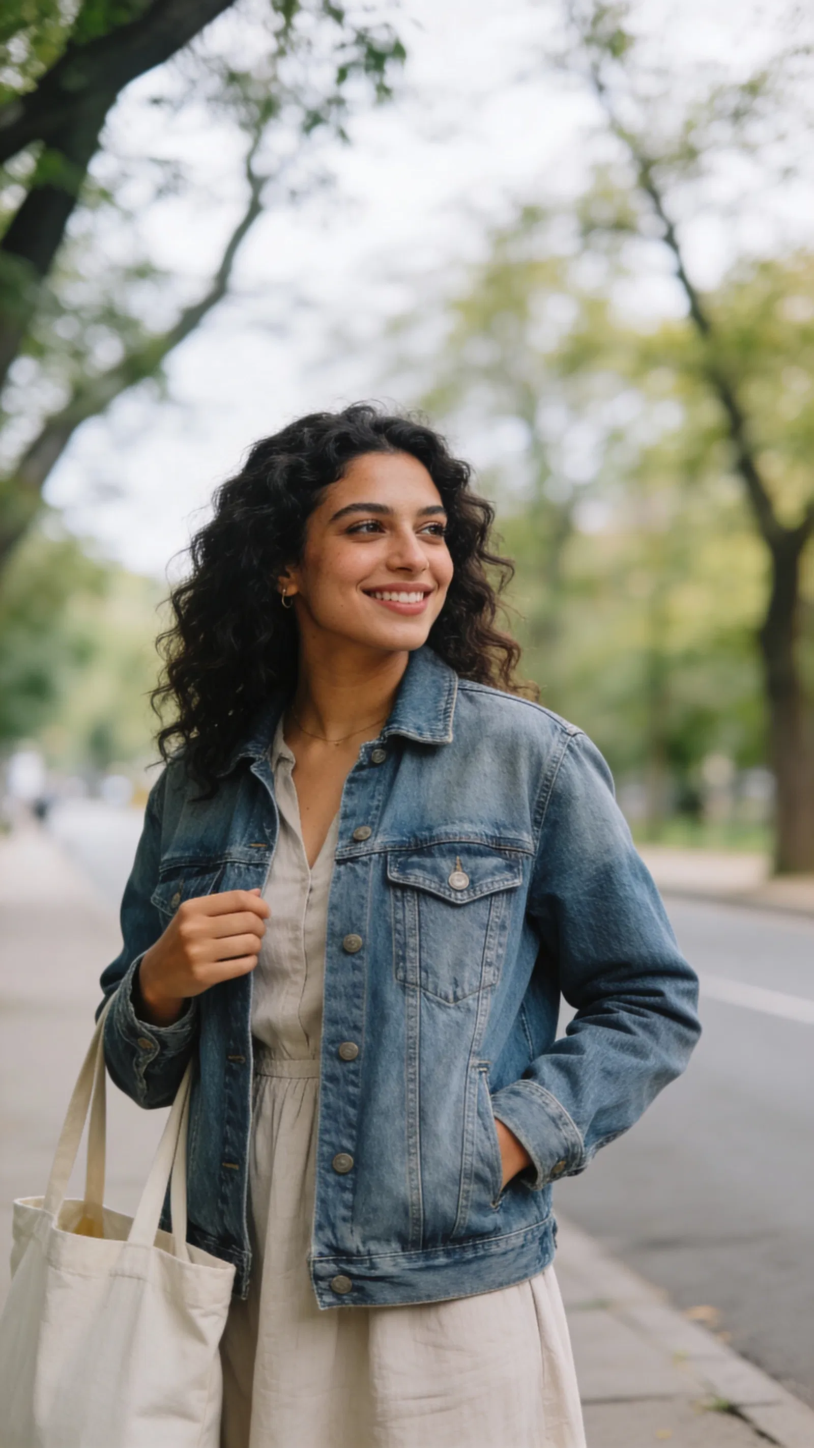 Middle Eastern woman on tree-lined street with tote, warm dating profile photo.
