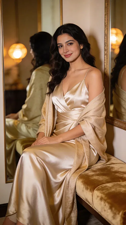 Middle Eastern woman on velvet bench near mirror, glamorous boudoir portrait
