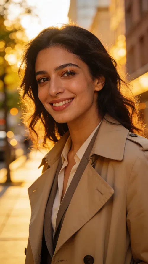 Middle Eastern woman outdoors at golden hour, polished professional headshot look
