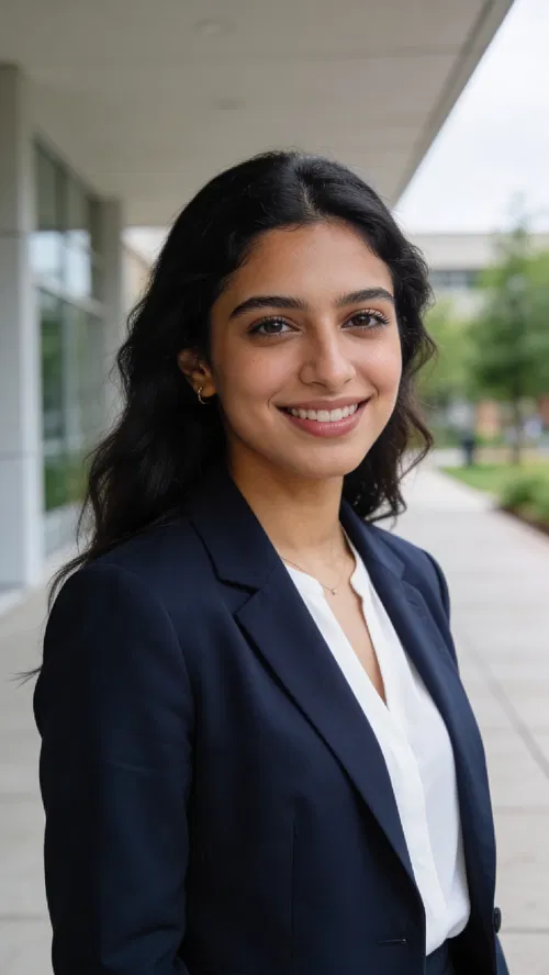 Middle Eastern woman outdoors in blazer for clean, natural LinkedIn headshot