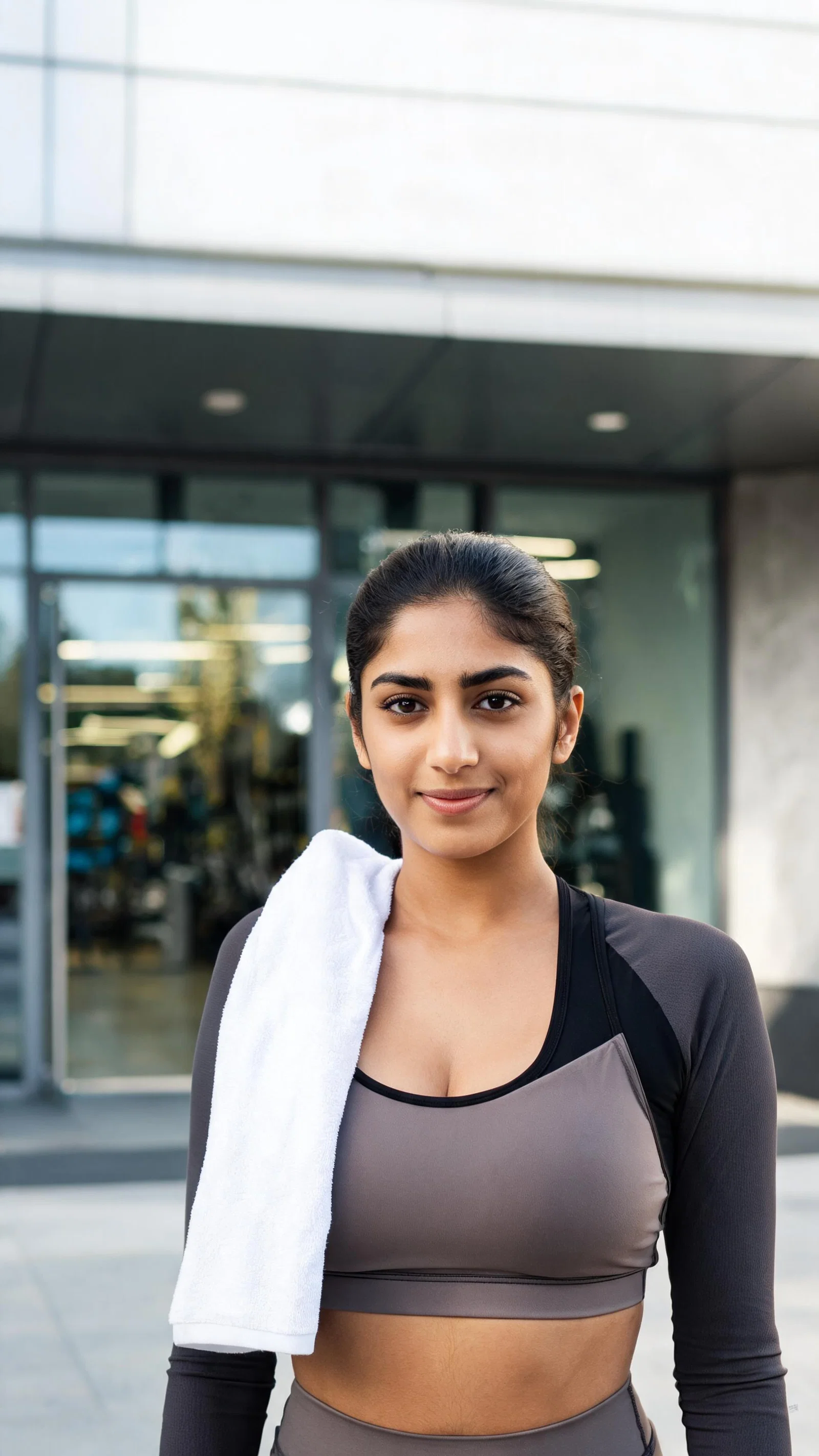 Middle Eastern woman outside gym with towel, confident athletic looksmaxxing portrait