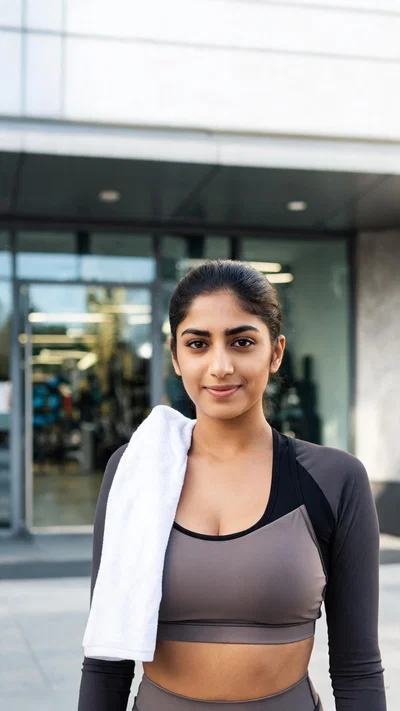 Middle Eastern woman outside gym with towel, confident athletic looksmaxxing portrait