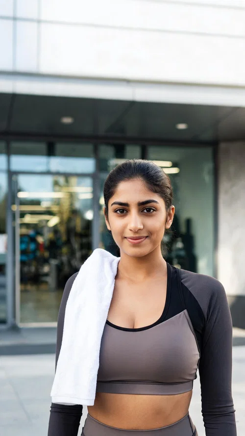 Middle Eastern woman outside gym with towel, confident athletic looksmaxxing portrait