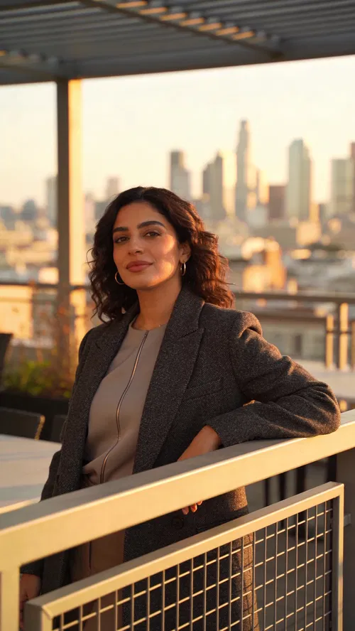 Middle Eastern woman rooftop golden hour portrait for Reels cover content