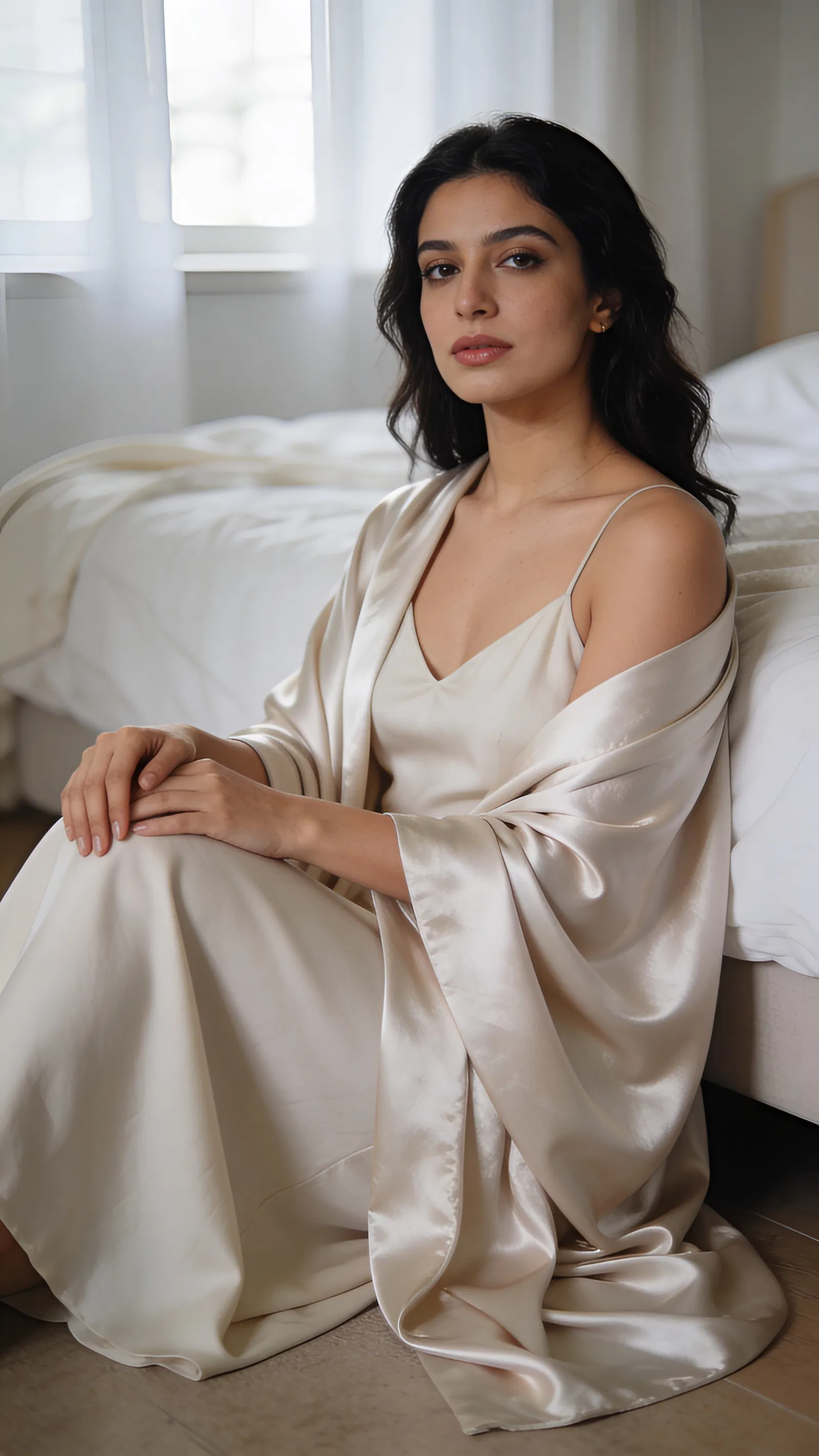 Middle Eastern woman seated beside bed, airy tasteful boudoir portrait